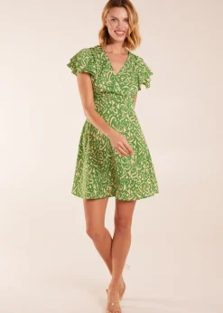 Blue Vanilla Green Aztec Wrap Ruffle Frill Sleeve Mini Dress
