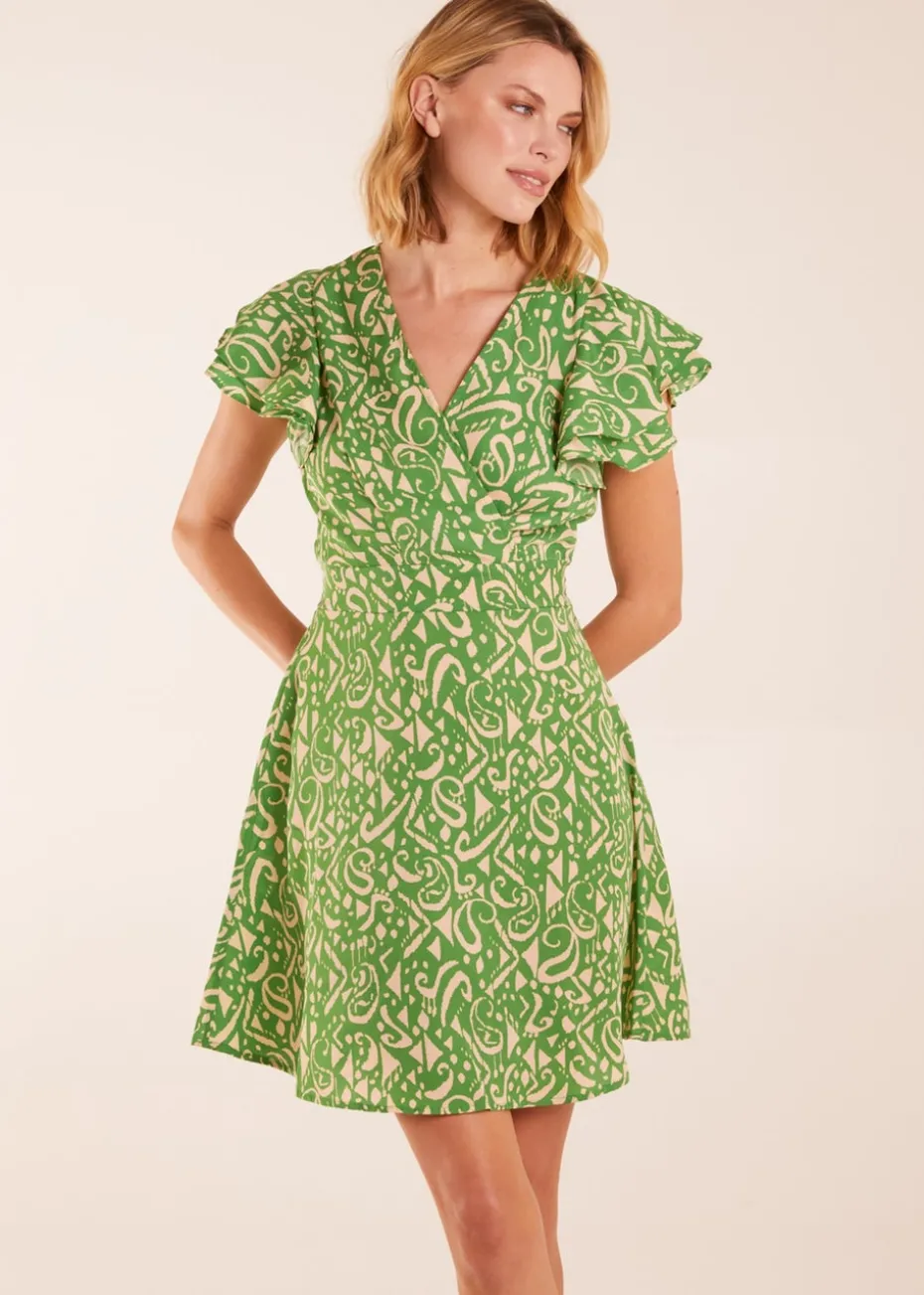 Blue Vanilla Green Aztec Wrap Ruffle Frill Sleeve Mini Dress