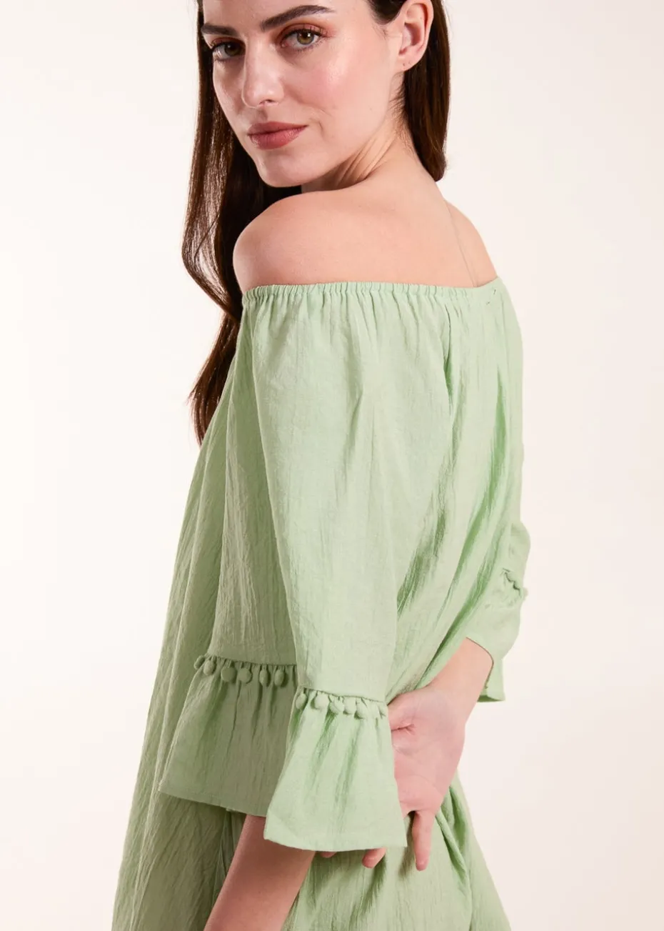 Blue Vanilla Green On Off Shoulder Tunic Dress