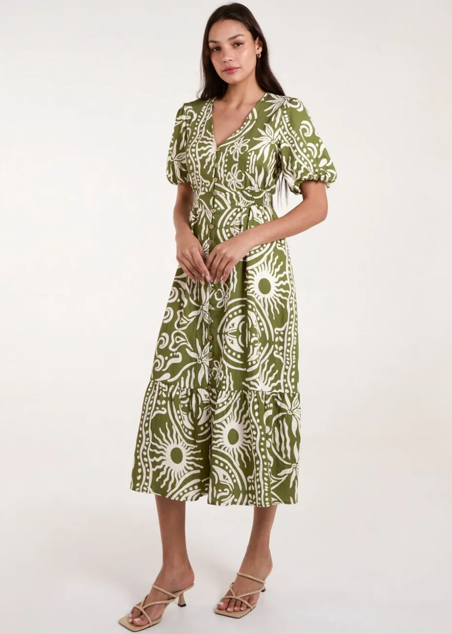 Blue Vanilla Green Printed Puff Sleeve Shirred Waist Midi Dress