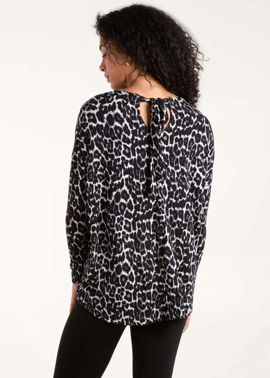 Blue Vanilla Grey Animal Print Long Sleeve Bow Back Top