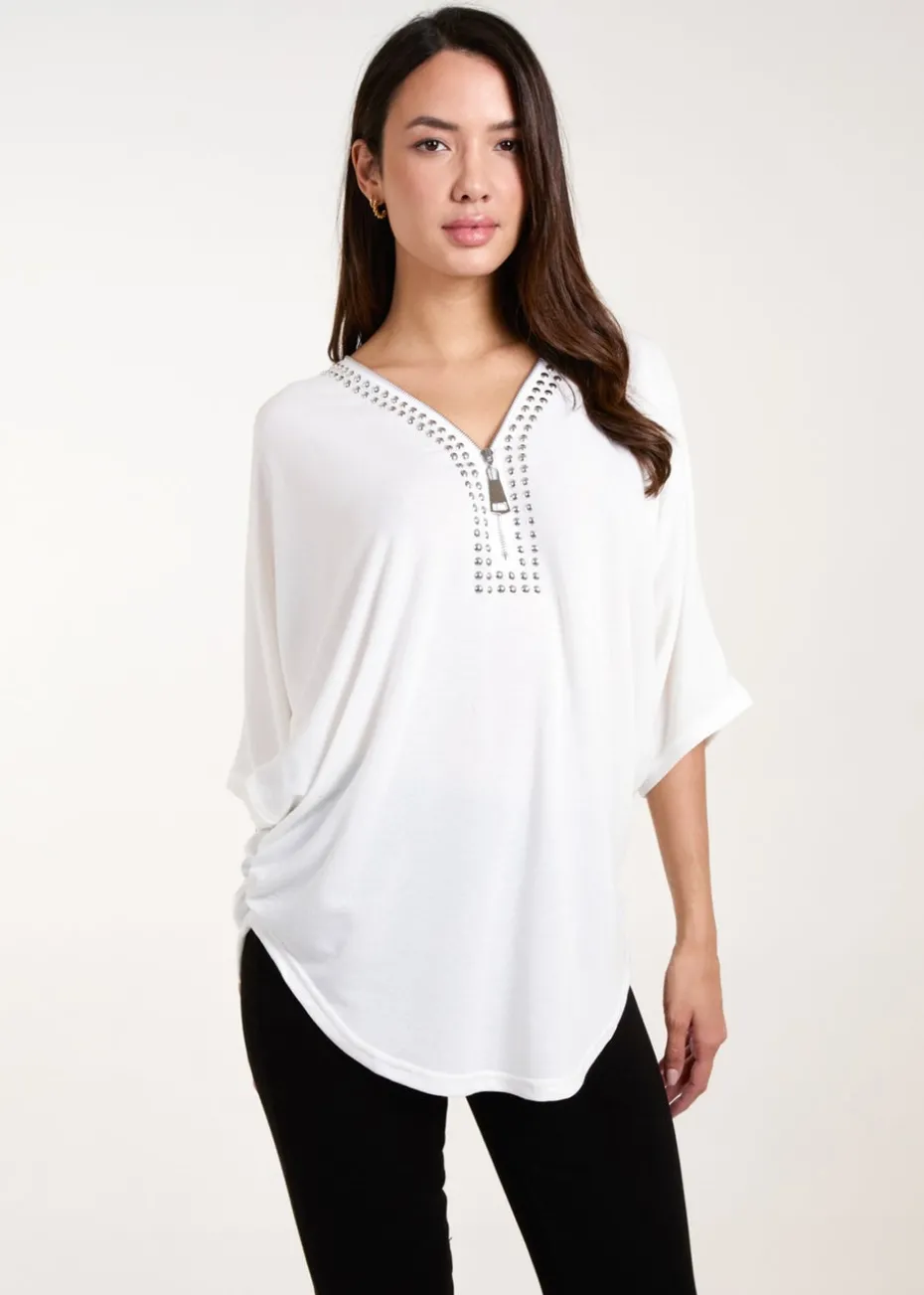 Blue Vanilla Ivory Studded Zip Front Top