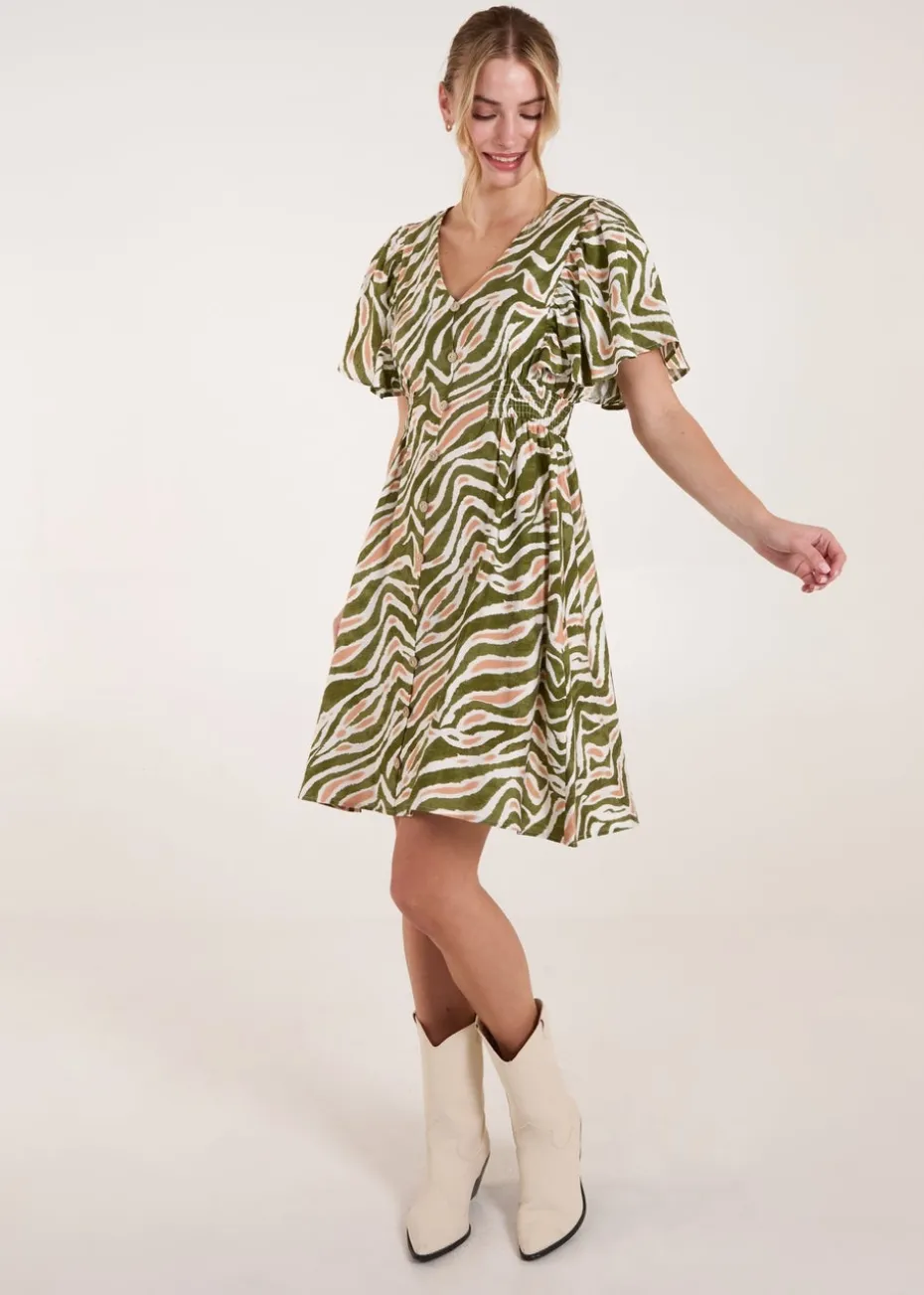 Blue Vanilla Khaki Button Front Shirred Waist Mini Dress