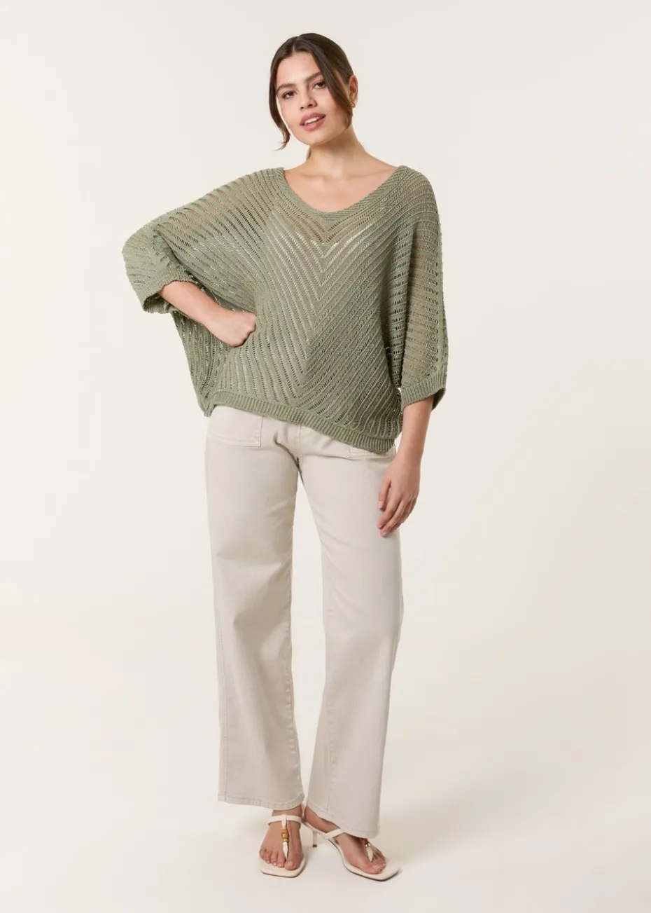 Blue Vanilla Khaki Crochet V Neck Jumper