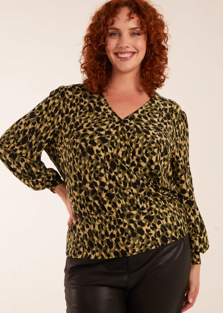 Blue Vanilla Khaki Curve Wrap Front Leopard Print Top