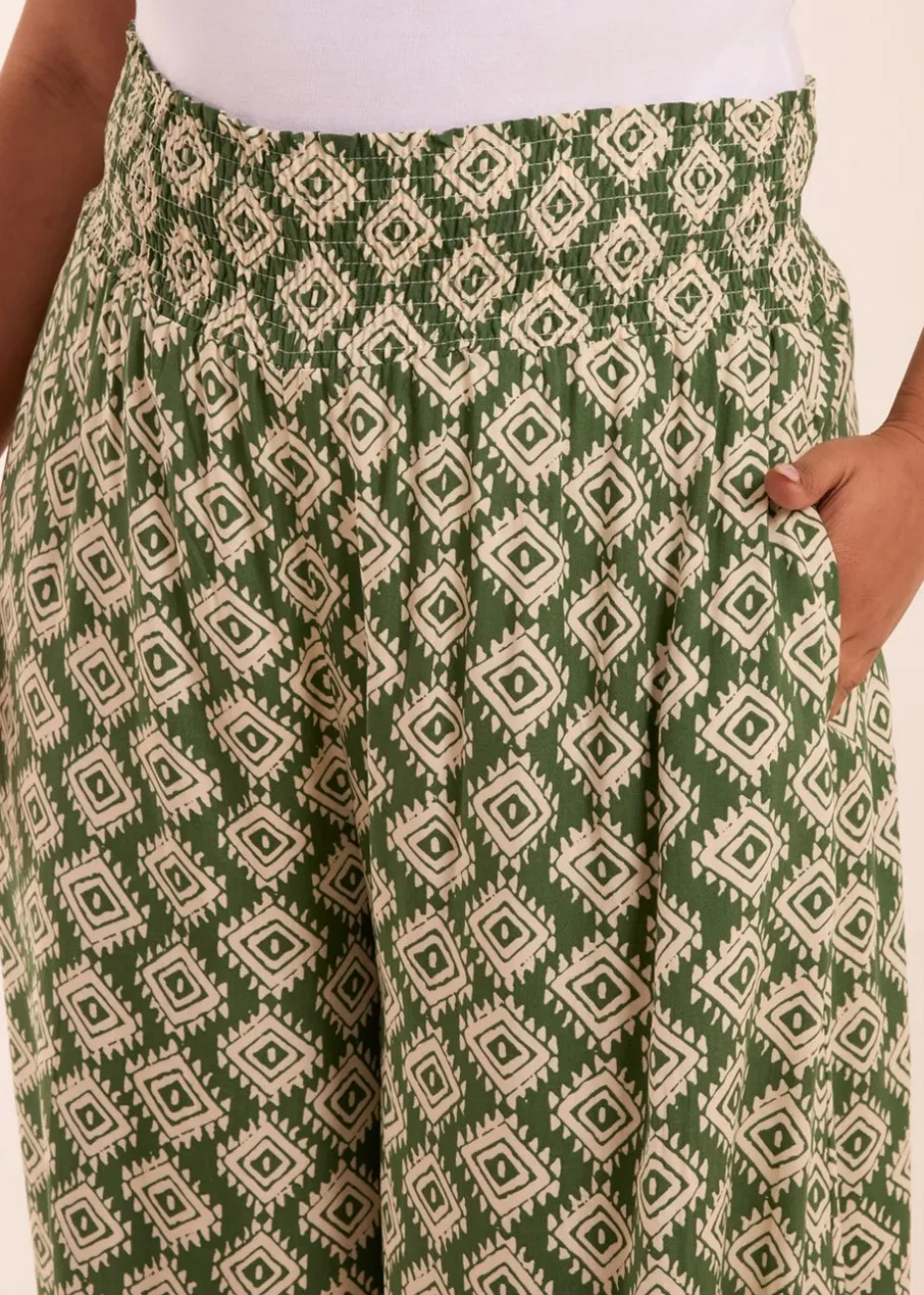 Blue Vanilla Khaki Curve Shirred Wide Leg Aztec Trouser