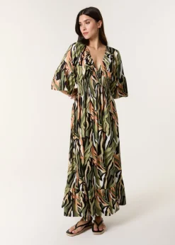 Blue Vanilla Khaki Elasticated Neck Shirred Waist Maxi Dress