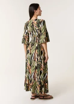 Blue Vanilla Khaki Elasticated Neck Shirred Waist Maxi Dress