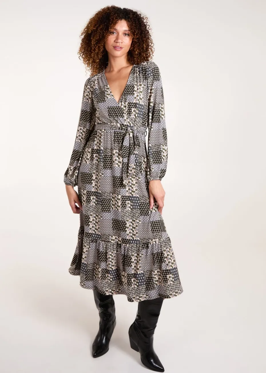 Blue Vanilla Khaki Geometric Wrap Front Belted Midi Dress