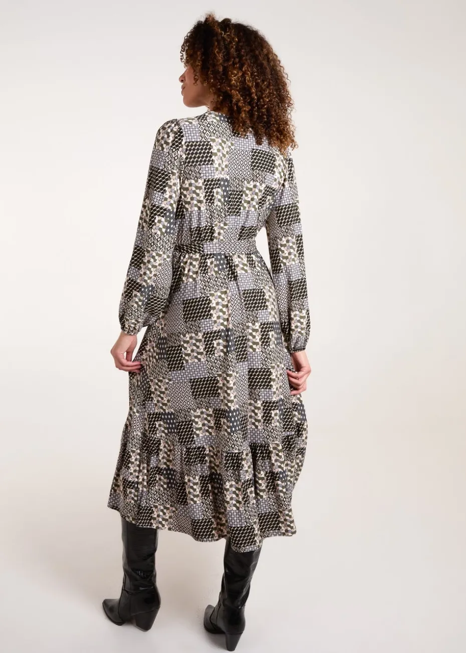 Blue Vanilla Khaki Geometric Wrap Front Belted Midi Dress