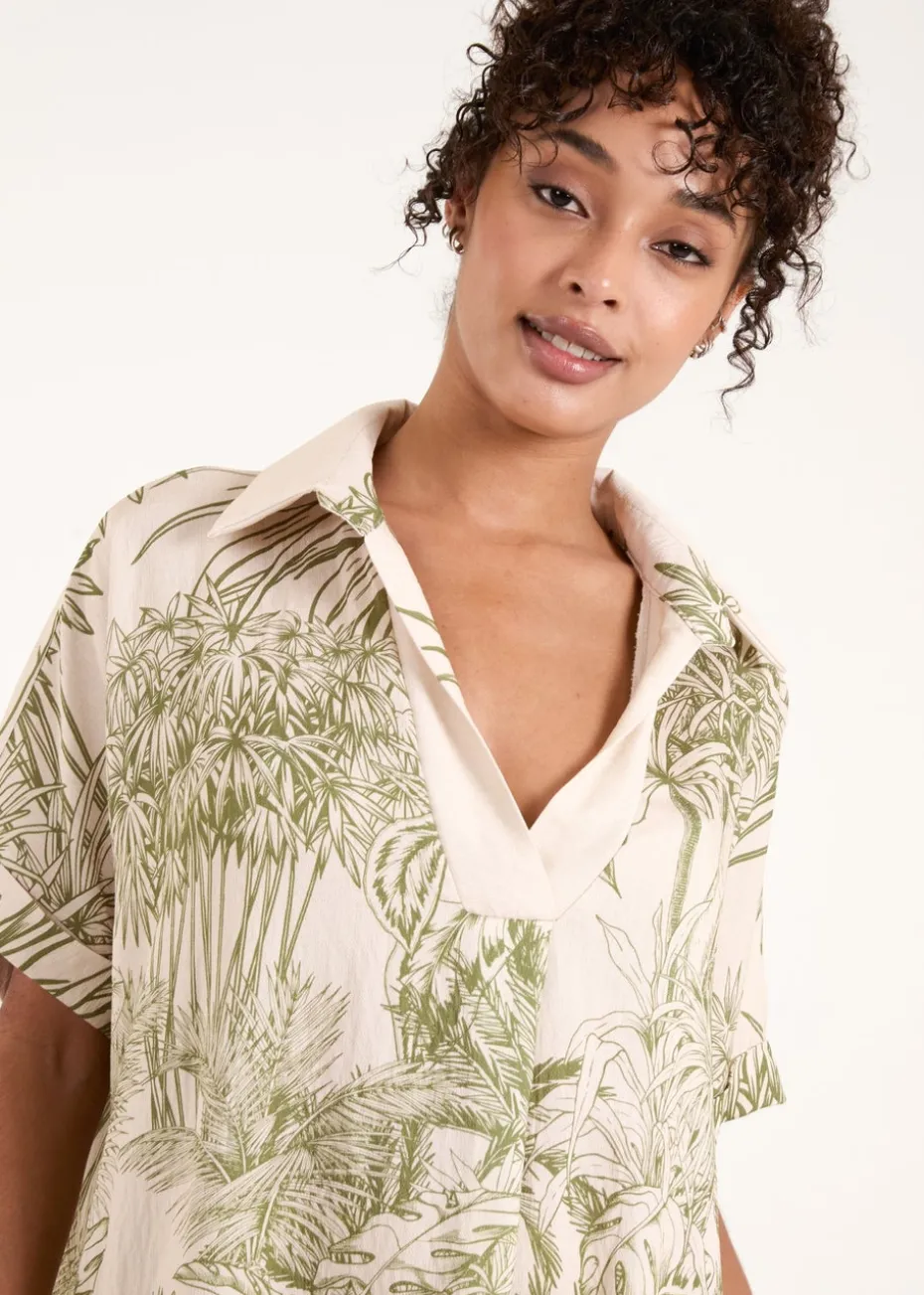 Blue Vanilla Khaki Palm Leaf Open Collar Dress