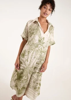 Blue Vanilla Khaki Palm Leaf Open Collar Dress