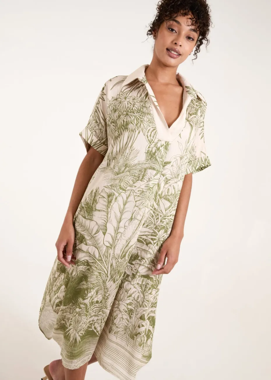 Blue Vanilla Khaki Palm Leaf Open Collar Dress