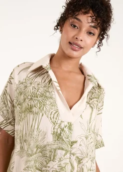 Blue Vanilla Khaki Palm Leaf Open Collar Dress