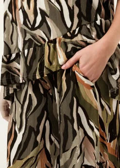 Blue Vanilla Khaki Plisse Tropical Print Wide Leg Trousers