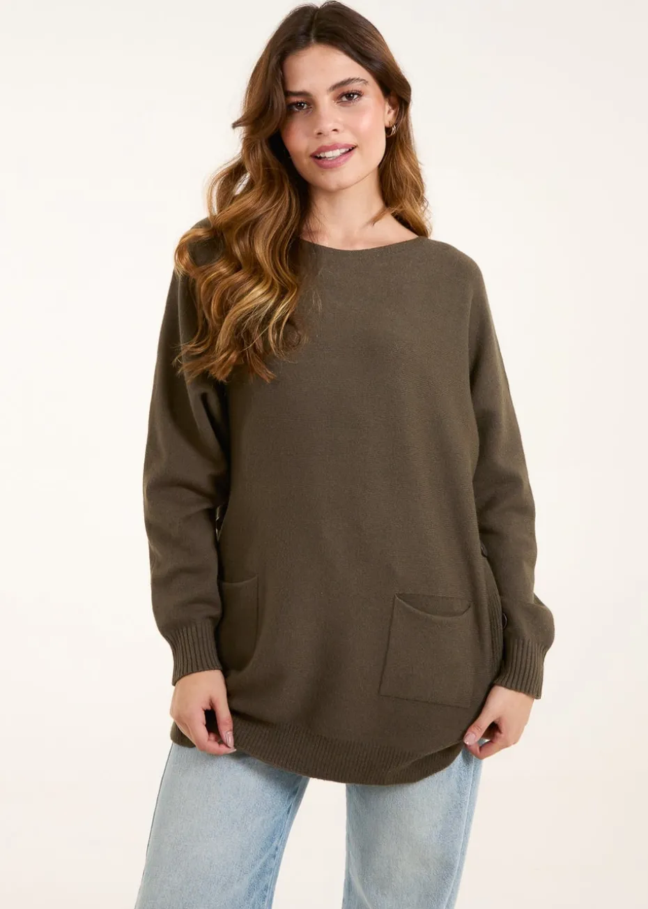 Blue Vanilla Khaki Pocket Slash Neck Jumper