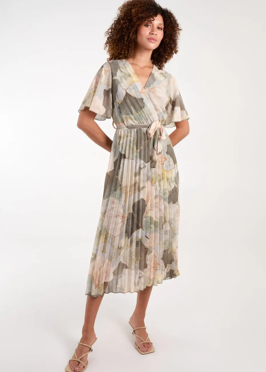 Blue Vanilla Khaki Shell Print Pleated Crossover Dress
