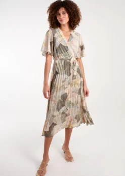 Blue Vanilla Khaki Shell Print Pleated Crossover Dress
