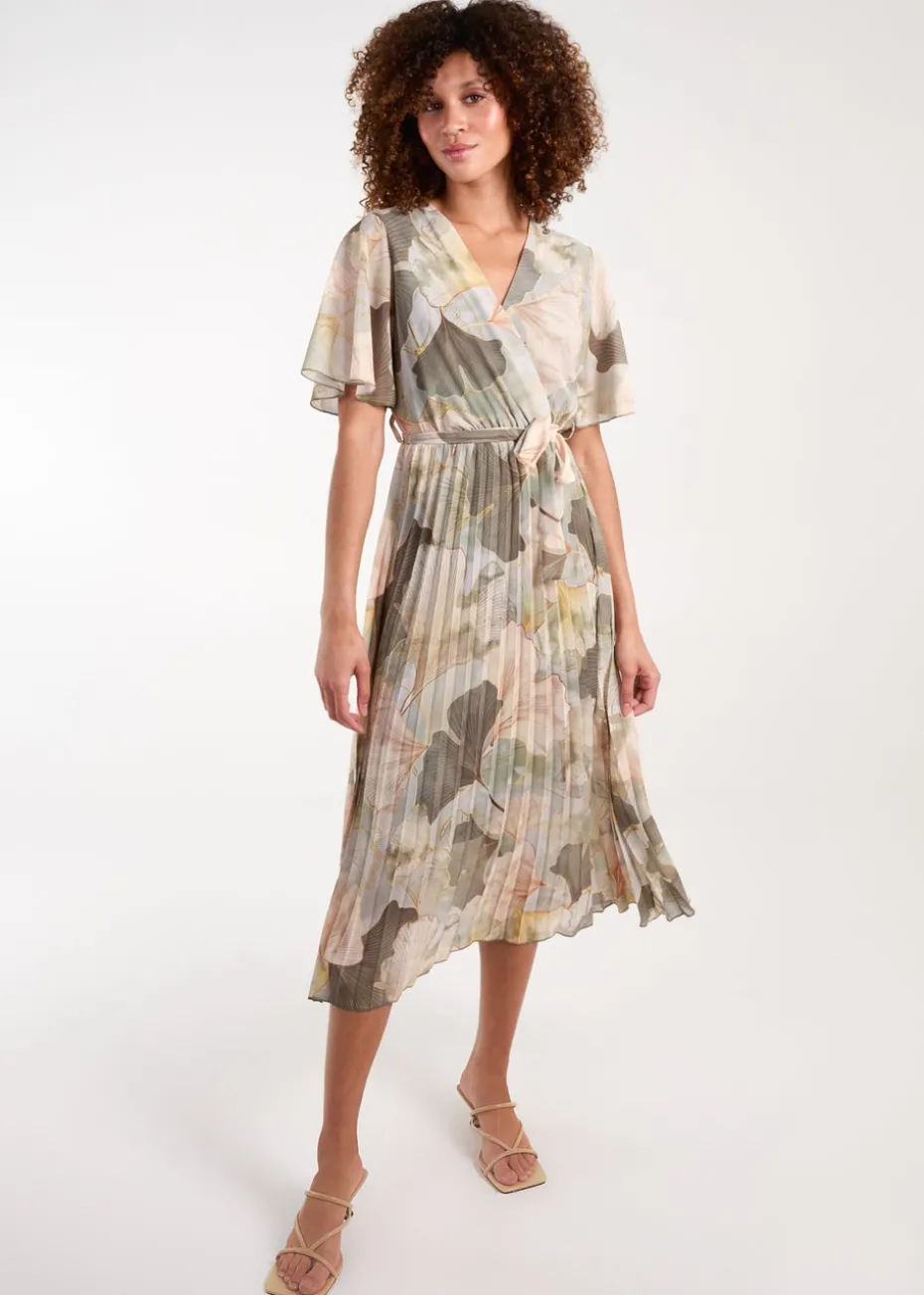 Blue Vanilla Khaki Shell Print Pleated Crossover Dress
