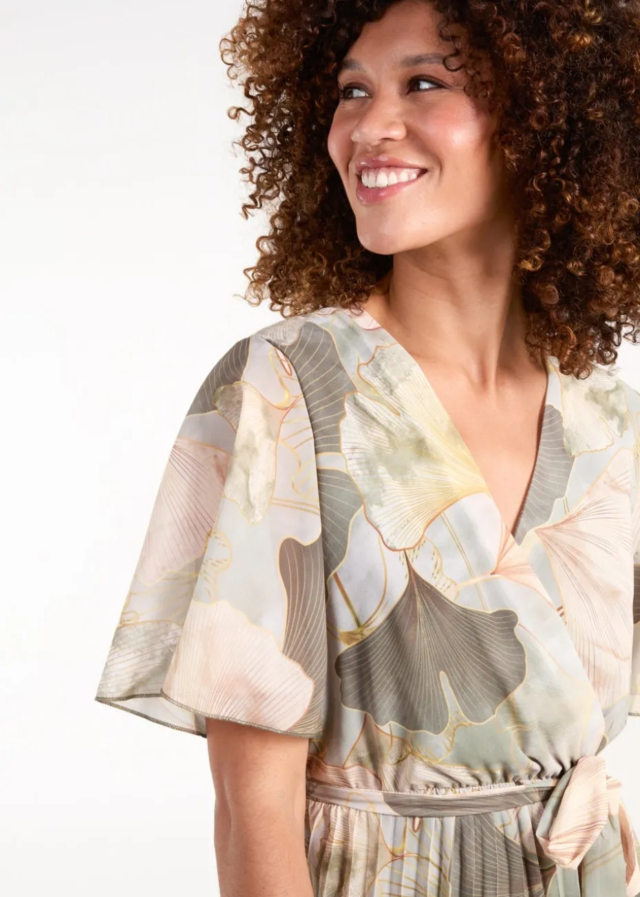 Blue Vanilla Khaki Shell Print Pleated Crossover Dress