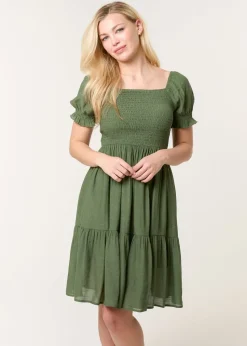 Blue Vanilla Khaki Shirred Puff Sleeve Mini Dress