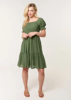 Blue Vanilla Khaki Shirred Puff Sleeve Mini Dress