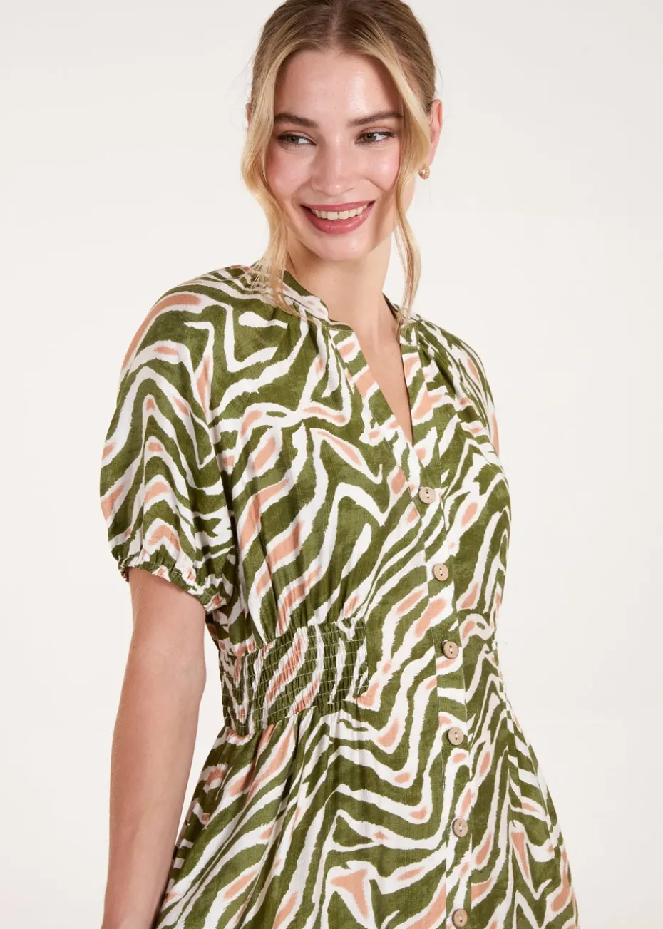 Blue Vanilla Khaki Shirred Waist Button Front Puff Sleeve Midi Dress