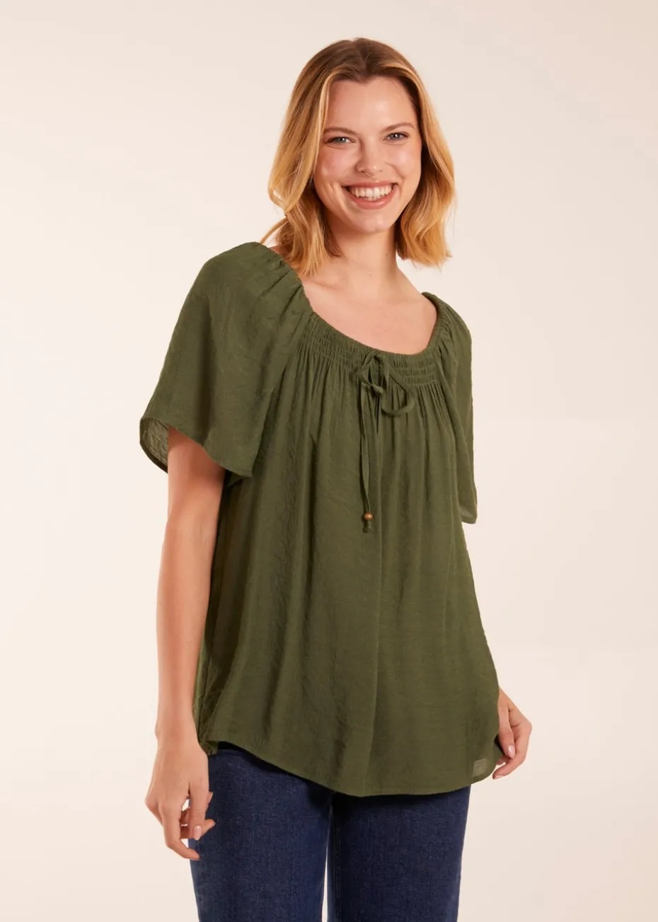Blue Vanilla Khaki Shirred At Front Swing Top