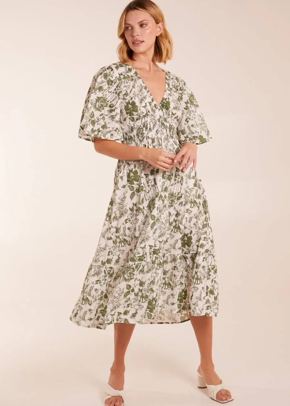 Blue Vanilla Khaki V Neck Elastic Waist Dress