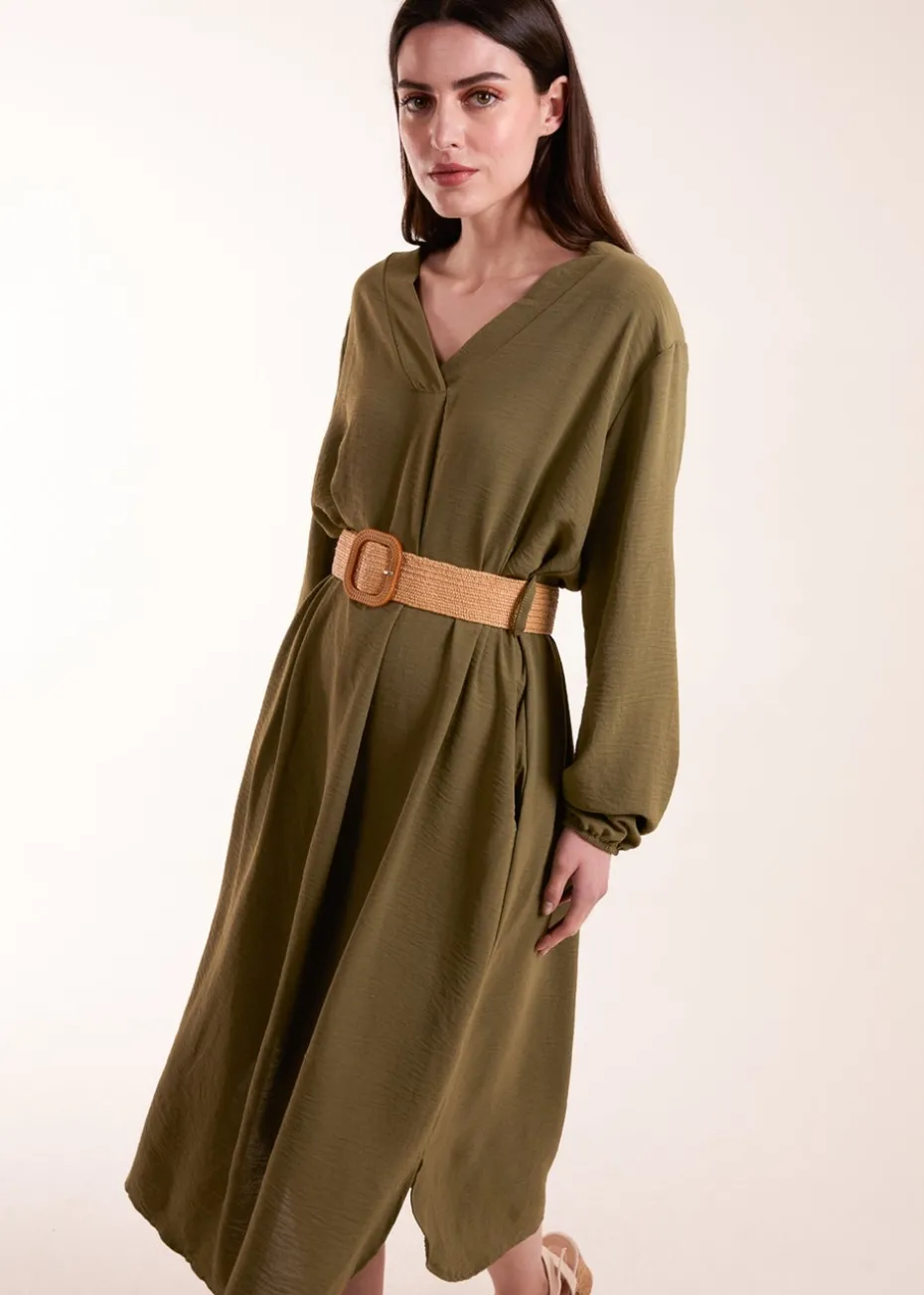 Blue Vanilla Khaki V Neck Long Sleeve Dress With Belt