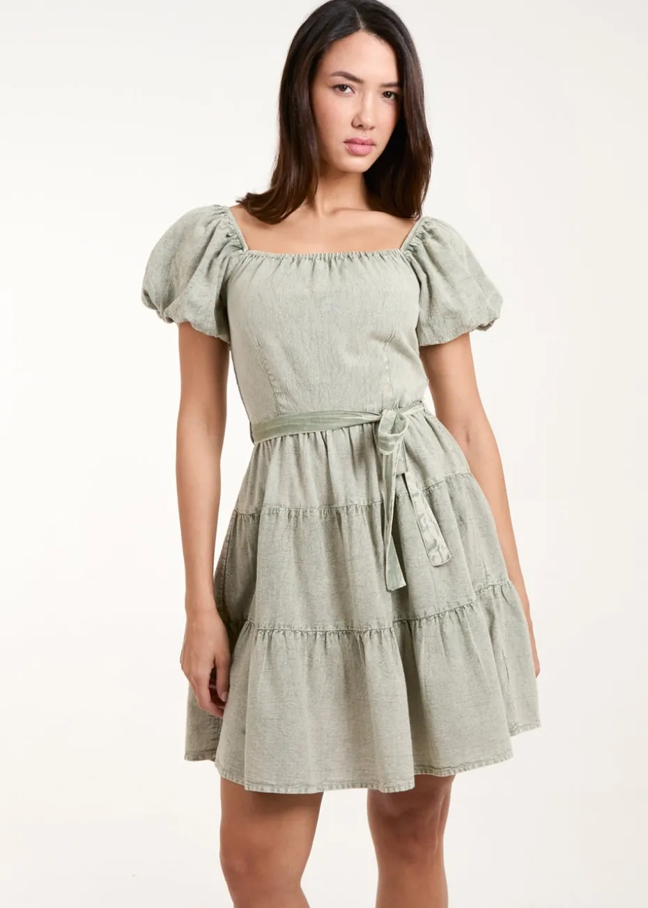 Blue Vanilla Khaki Washed Puff Sleeve Mini Dress
