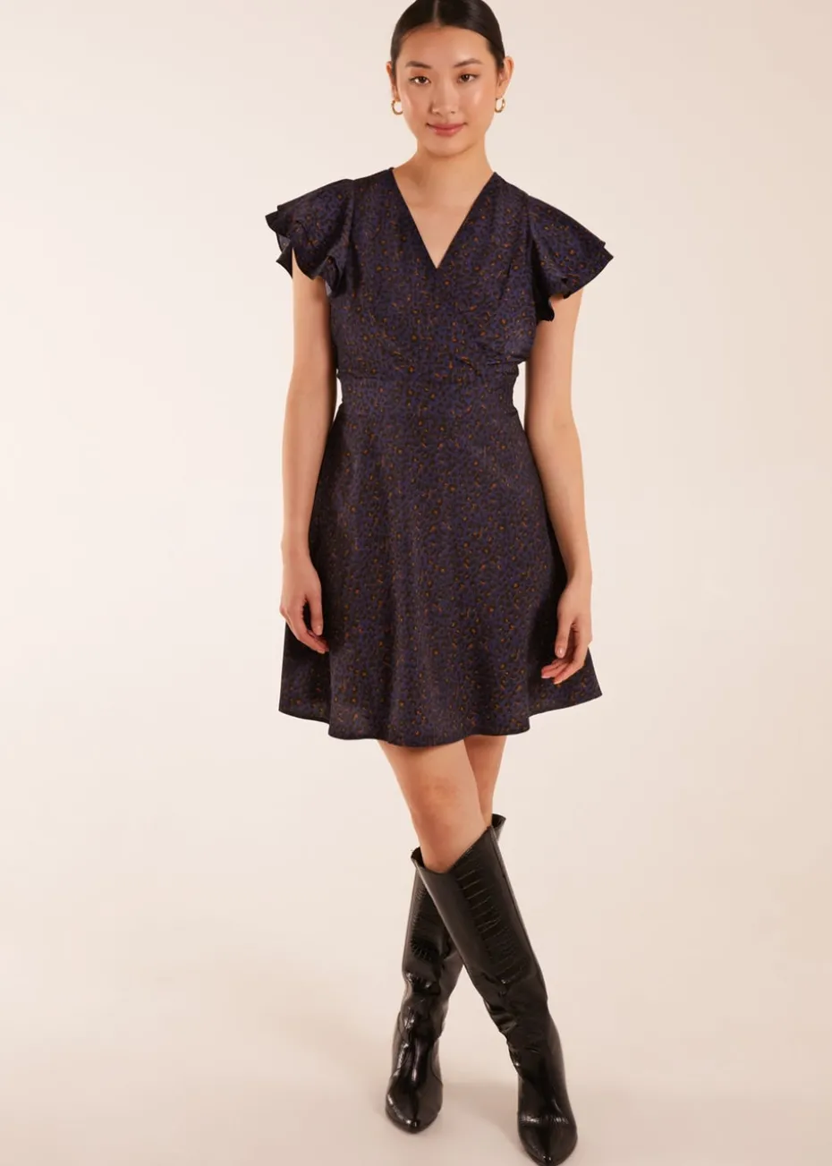 Blue Vanilla Leopard Print Wrap Ruffle Mini Dress