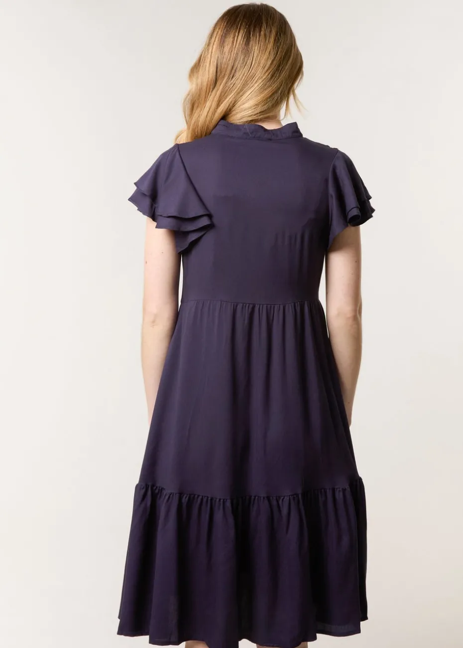 Blue Vanilla Navy Angel Sleeve Button Front Midi Dress