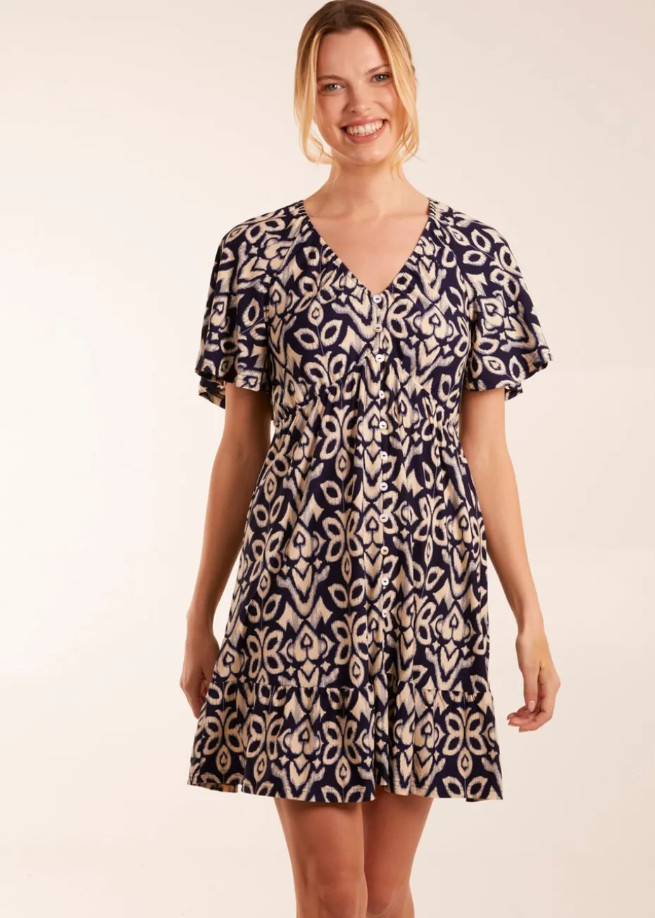 Blue Vanilla Navy Button Through Elastic Waist Mini Dress