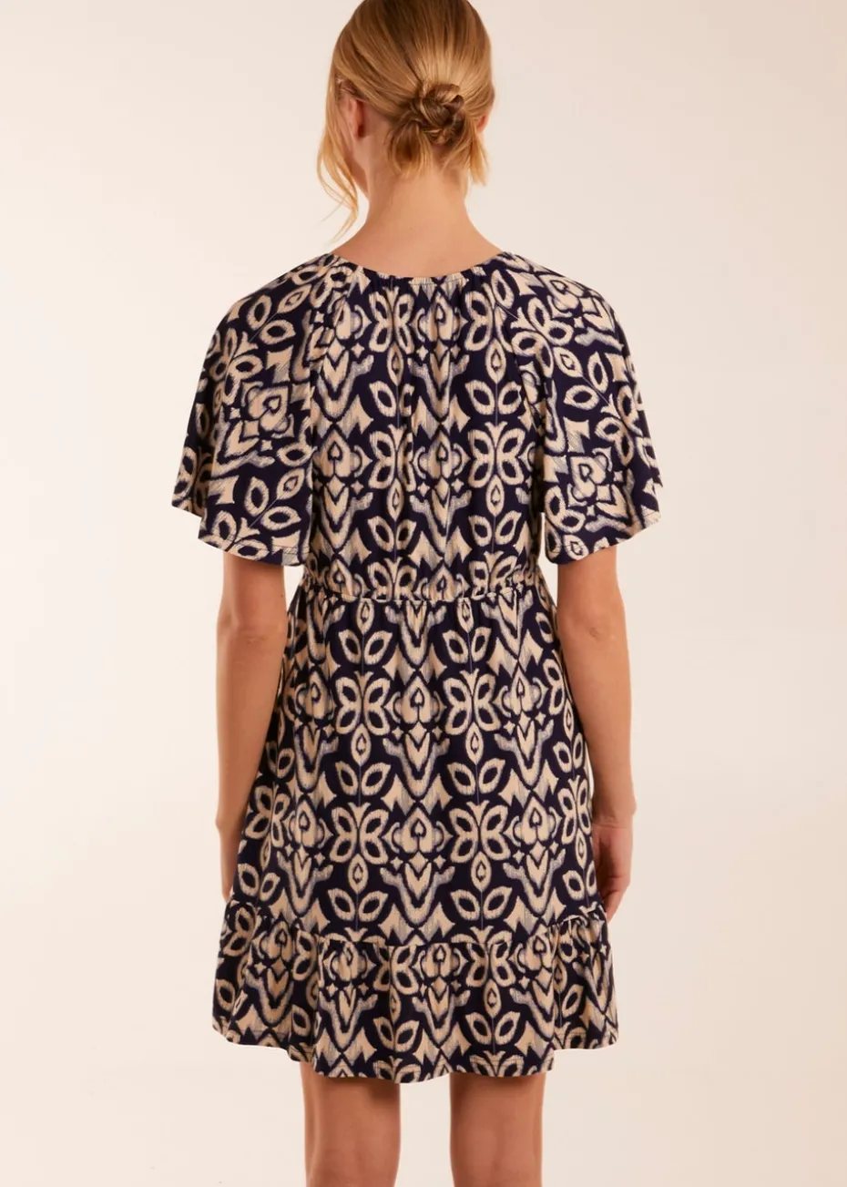 Blue Vanilla Navy Button Through Elastic Waist Mini Dress