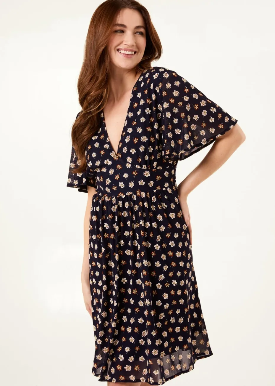 Blue Vanilla Navy V Neck Tie Back Flower Printed Mini Dress