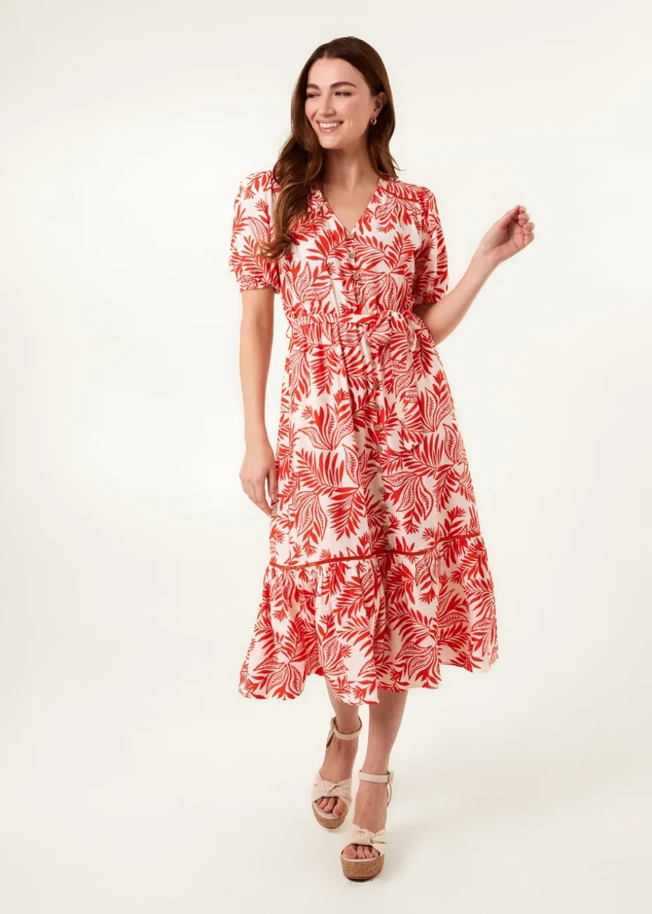 Blue Vanilla Orange Coconut Button Front Betlted Midi Shirt Dress