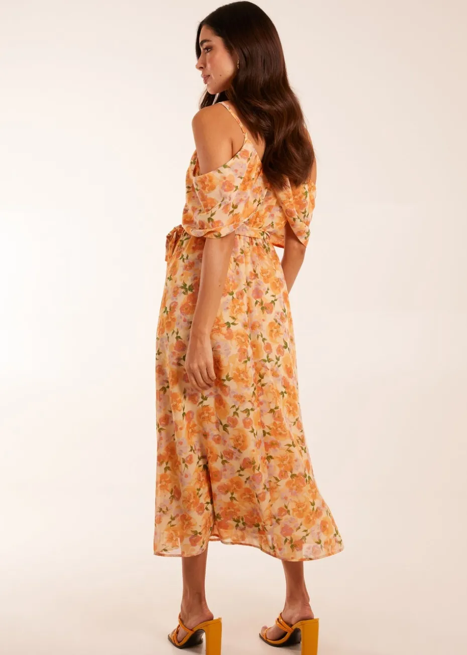 Blue Vanilla Orange Cold Shoulder Detail Chiffon Midi Dress
