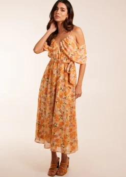Blue Vanilla Orange Cold Shoulder Detail Chiffon Midi Dress