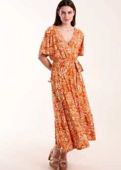 Blue Vanilla Orange Double V Midi Dress With Tassel Tie