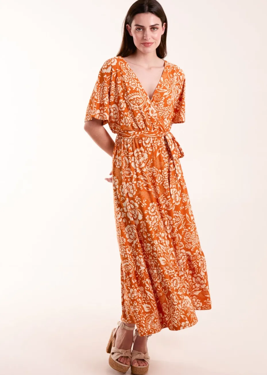 Blue Vanilla Orange Double V Midi Dress With Tassel Tie