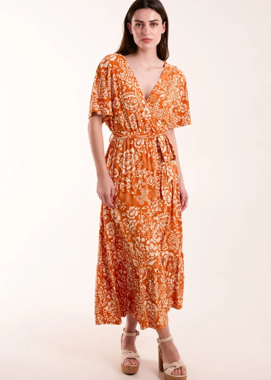 Blue Vanilla Orange Double V Midi Dress With Tassel Tie