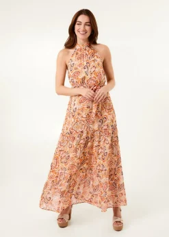 Blue Vanilla Orange Halter Neck Belted Waist Maxi Dress