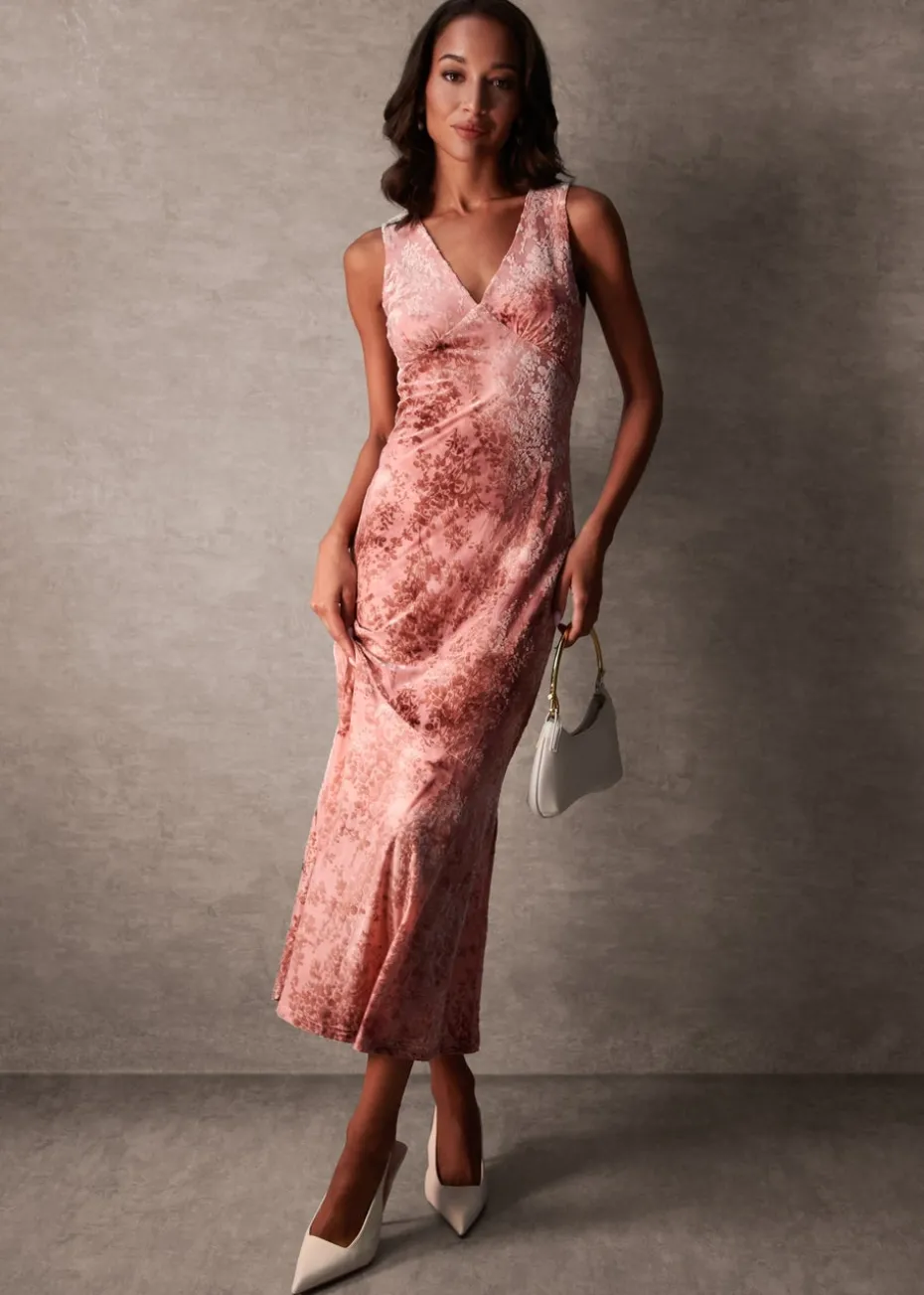 Blue Vanilla Pink Luxe Devore V Neck Maxi Dress