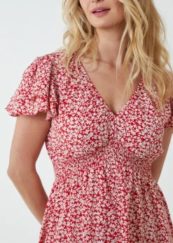 Blue Vanilla Red Double Ruffle Empire Shirred Mini Dress