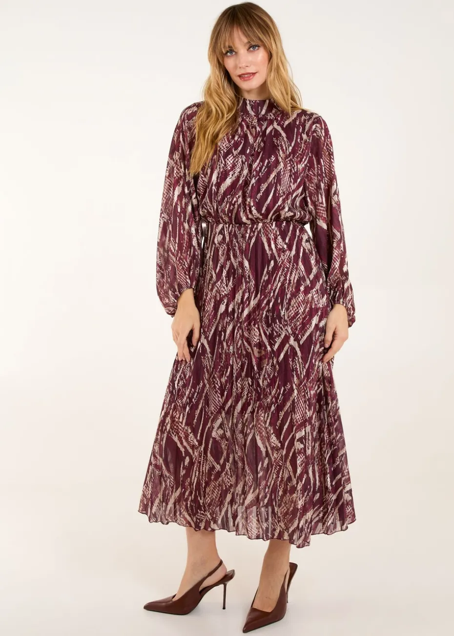 Blue Vanilla Red High Neck Pleated Digital Wave Abstract Dress