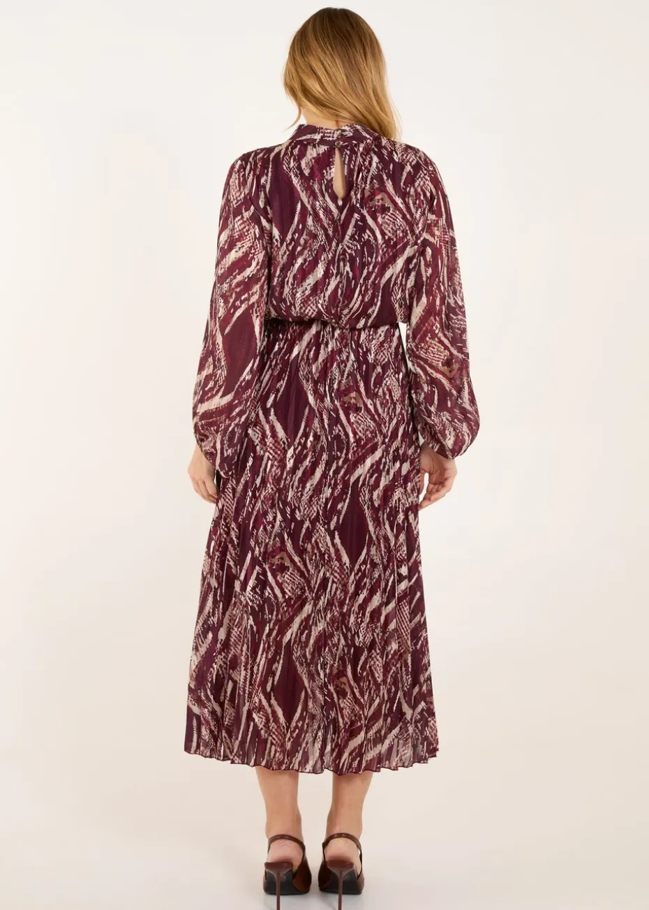 Blue Vanilla Red High Neck Pleated Digital Wave Abstract Dress