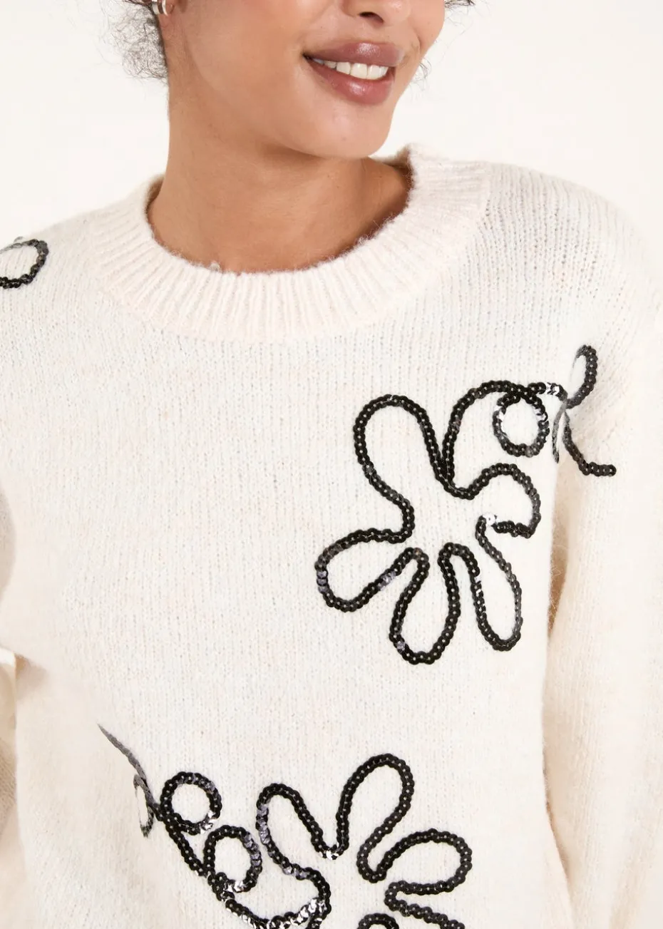 Blue Vanilla Stone Abstract Flower Embroidery Jumper