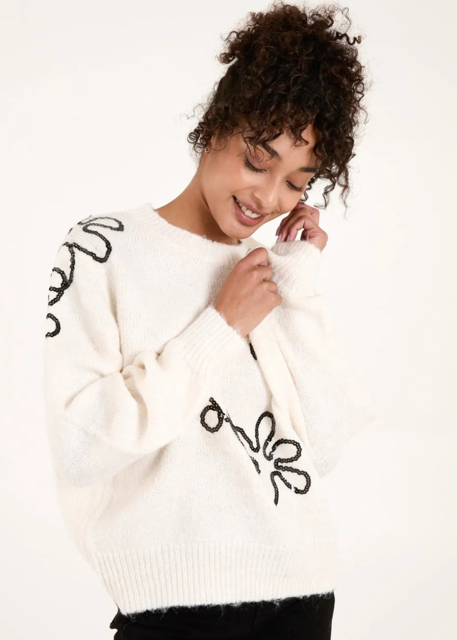 Blue Vanilla Stone Abstract Flower Embroidery Jumper