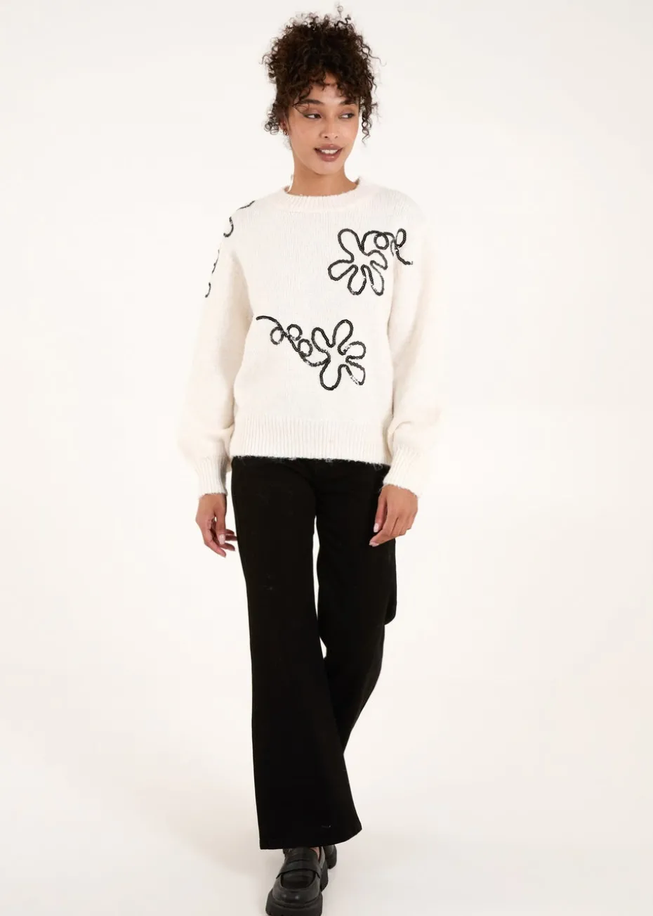 Blue Vanilla Stone Abstract Flower Embroidery Jumper